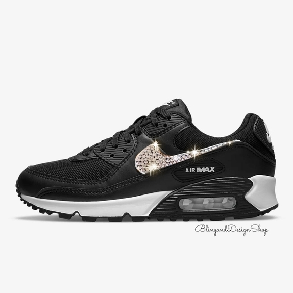 Nike Air Max 90 Womens Sneakers Shoes Customized with Crystals Black - Picture 1 of 6